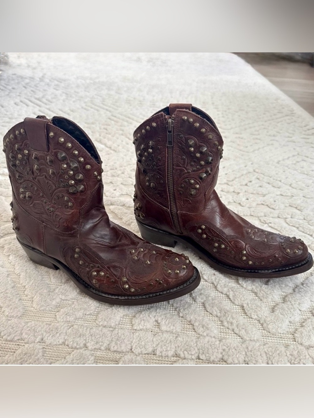 Ash Studded Leather Western Boots Tooled Boho Moto Ankle EU 38 US 7.5 8 Edgy